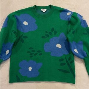 Sugarlips Green Sweater with Blue Floral Pattern - Puff Sleeve - Size Small